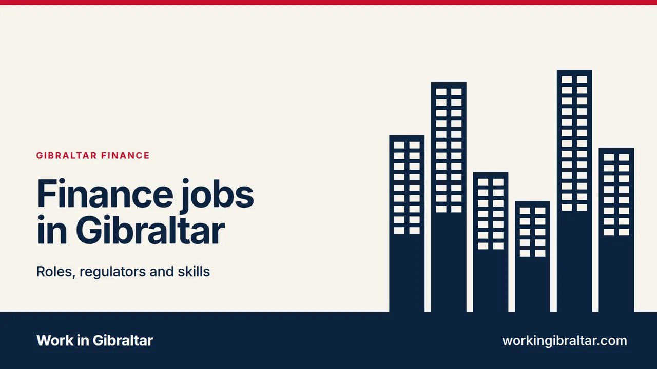 Banner reading Finance jobs in Gibraltar, with the line Roles, regulators and skills, beside a row of dark blue office towers