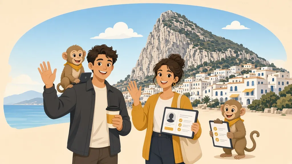Illustration of the Work in Gibraltar team: a couple waving in front of the Rock of Gibraltar with two Barbary macaque helpers